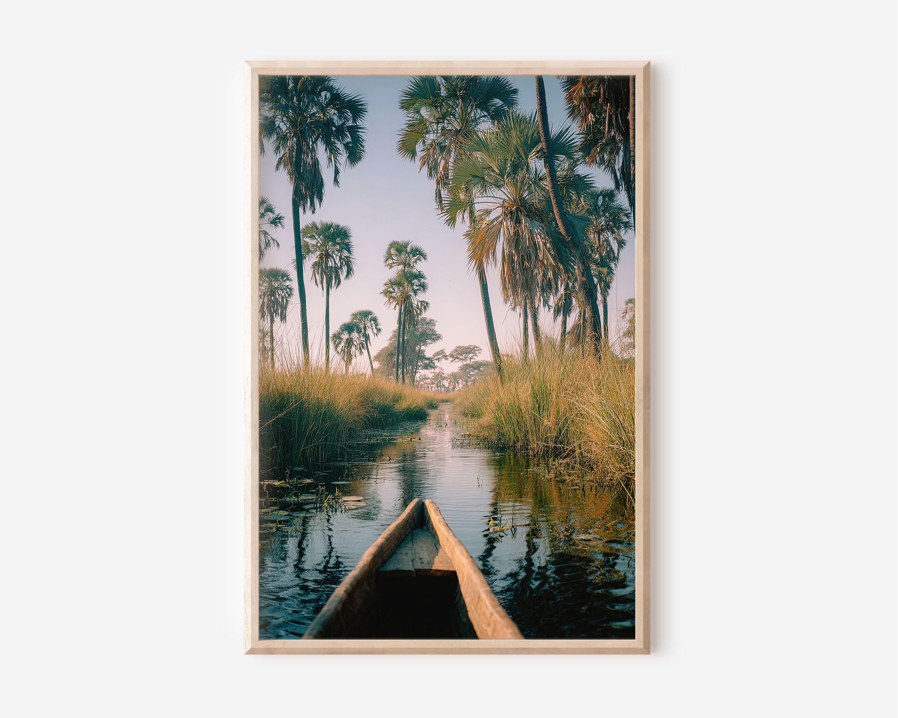 Okavango Delta Mokoro Wall Art Print | Botswana Africa Waterway Palm Tree Photography | Safari Travel Poster | Boho Nature Home Decor