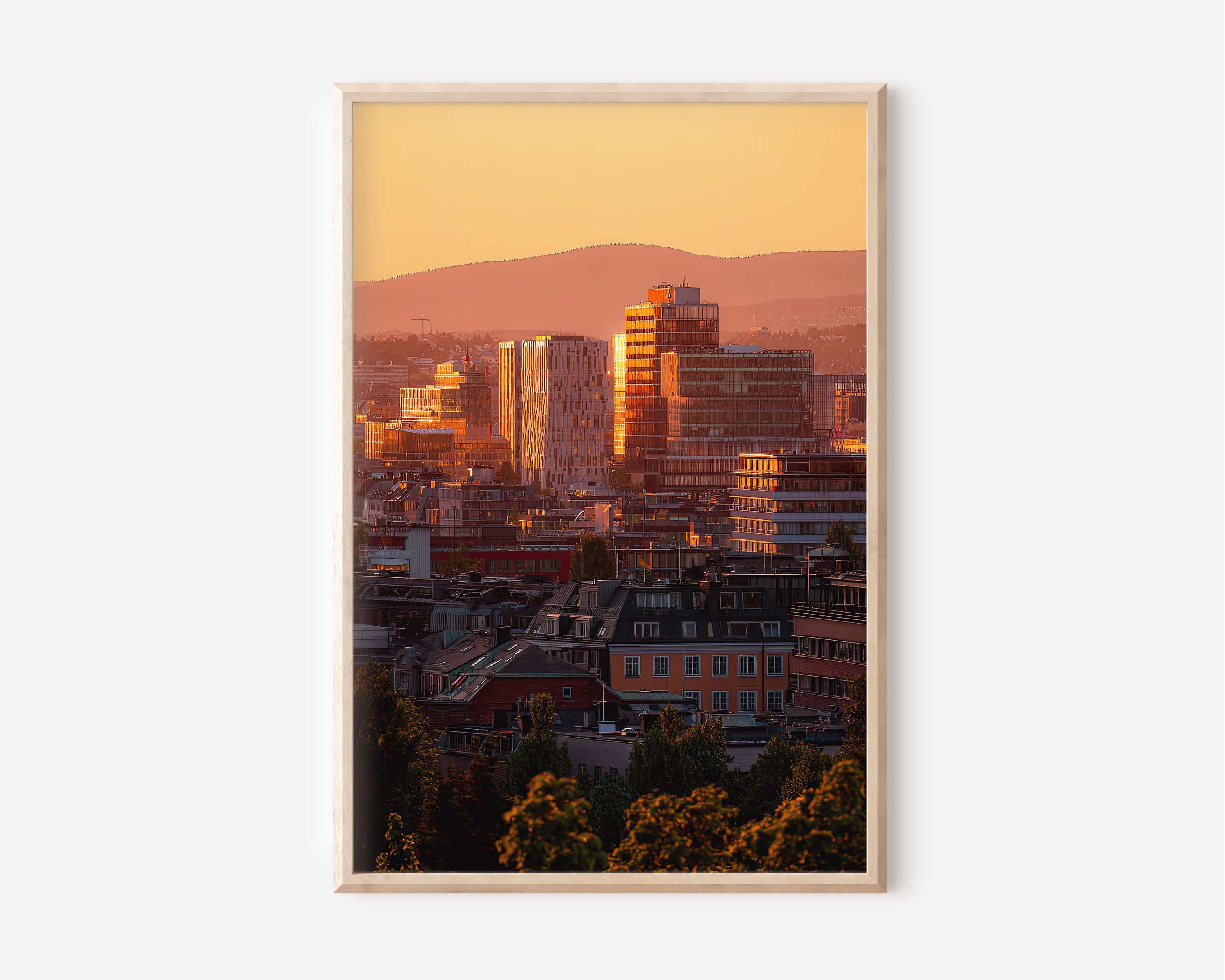 Oslo Skyline Sunset Wall Art | Barcode District Norway Print | Travel Photography Poster