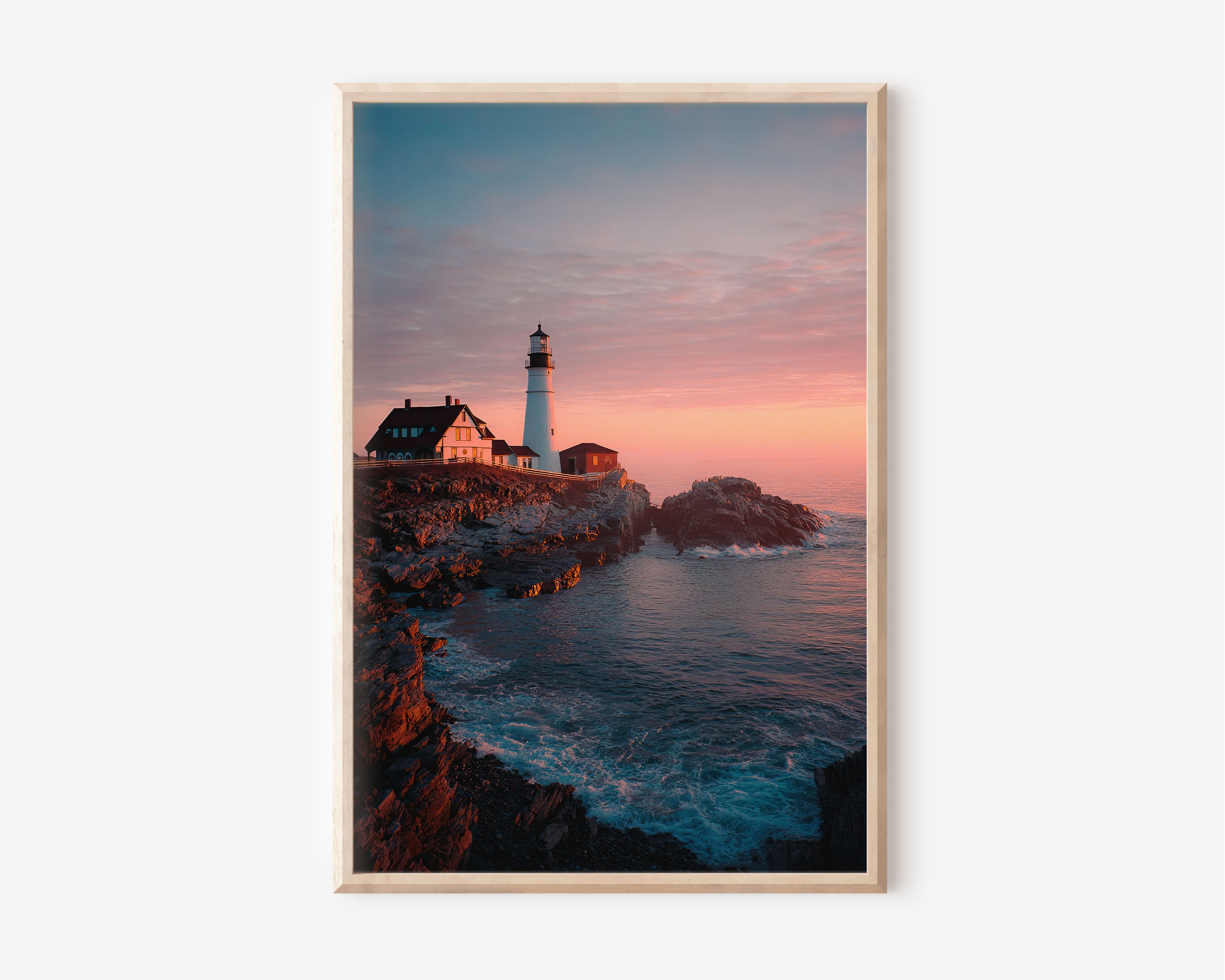 Portland Head Lighthouse Ocean Waves Wall Art | Coastal Sunset Canvas Print