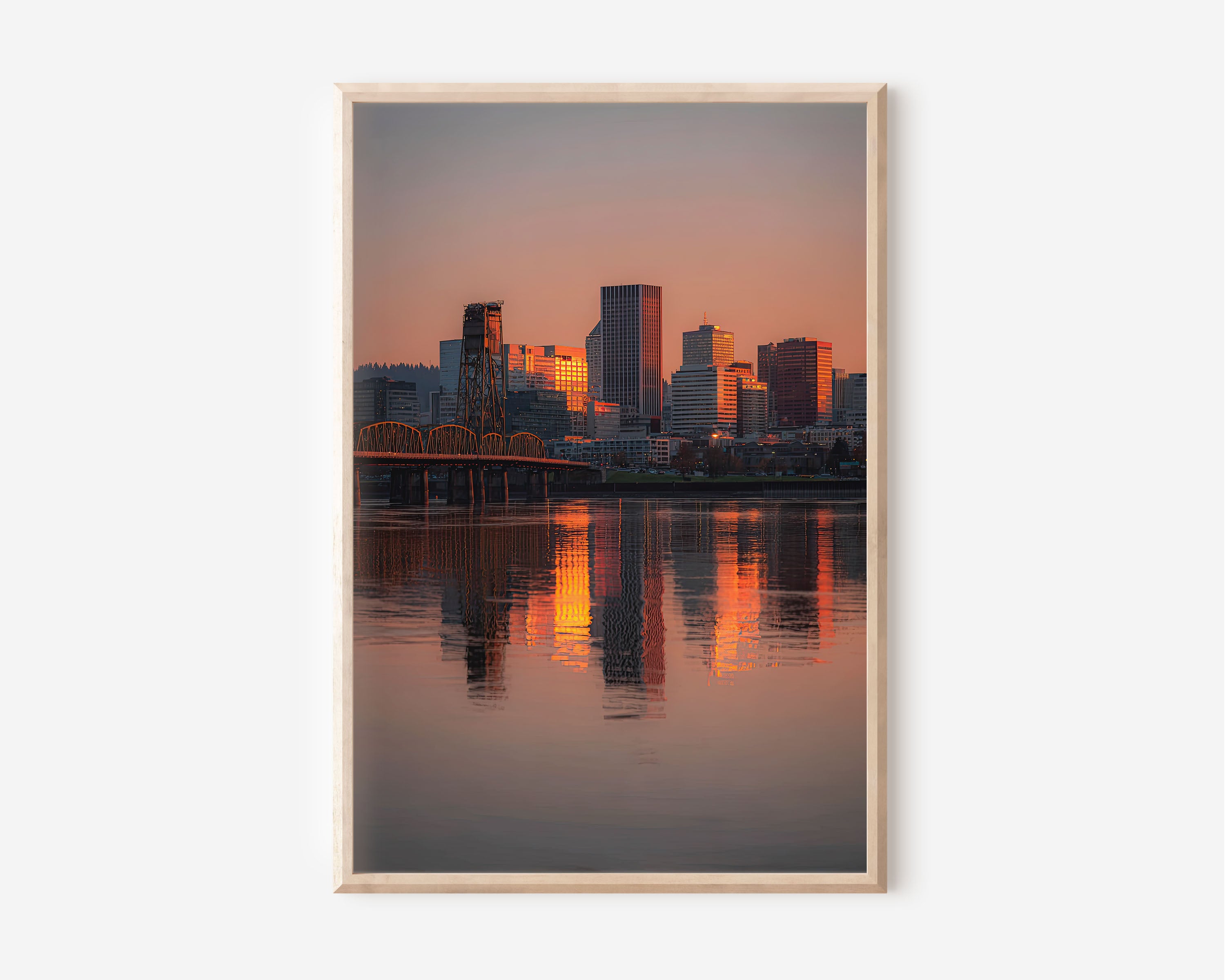 Portland Skyline Willamette River Sunset Wall Art | Hawthorne Bridge Oregon Reflection Print | Travel Photography Poster