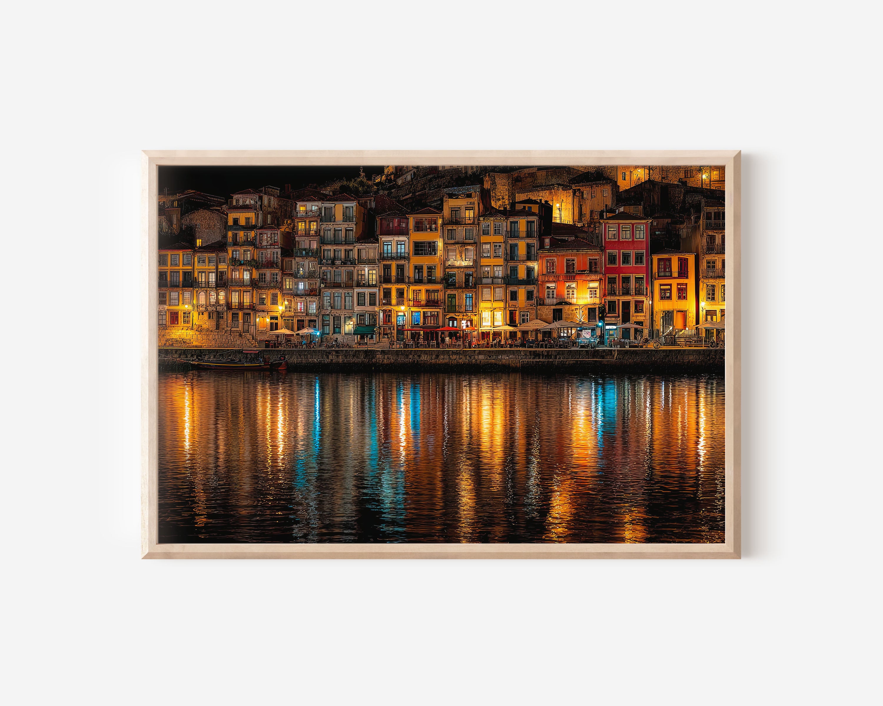 Porto Ribeira Night Print – Portugal City Lights Wall Art