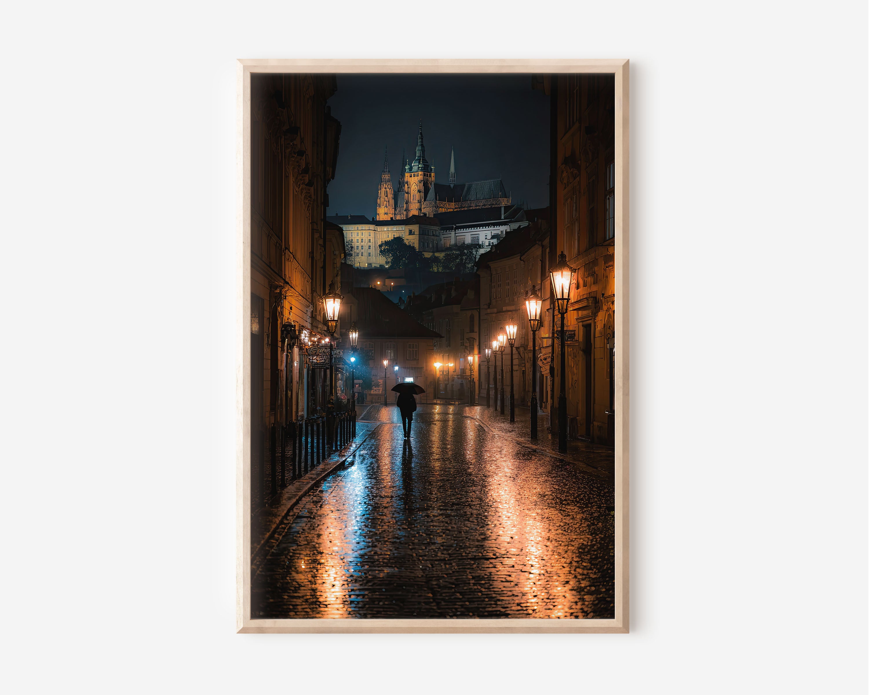 Prague Castle Rainy Night Street Print | Prague Old Town Wall Art | Czech Republic Cobblestone Night Cityscape Photography Poster