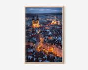 Prague Old Town Night Wall Art Print | Czech Republic Cityscape Photography | Týn Church Blue Hour Rooftops Poster