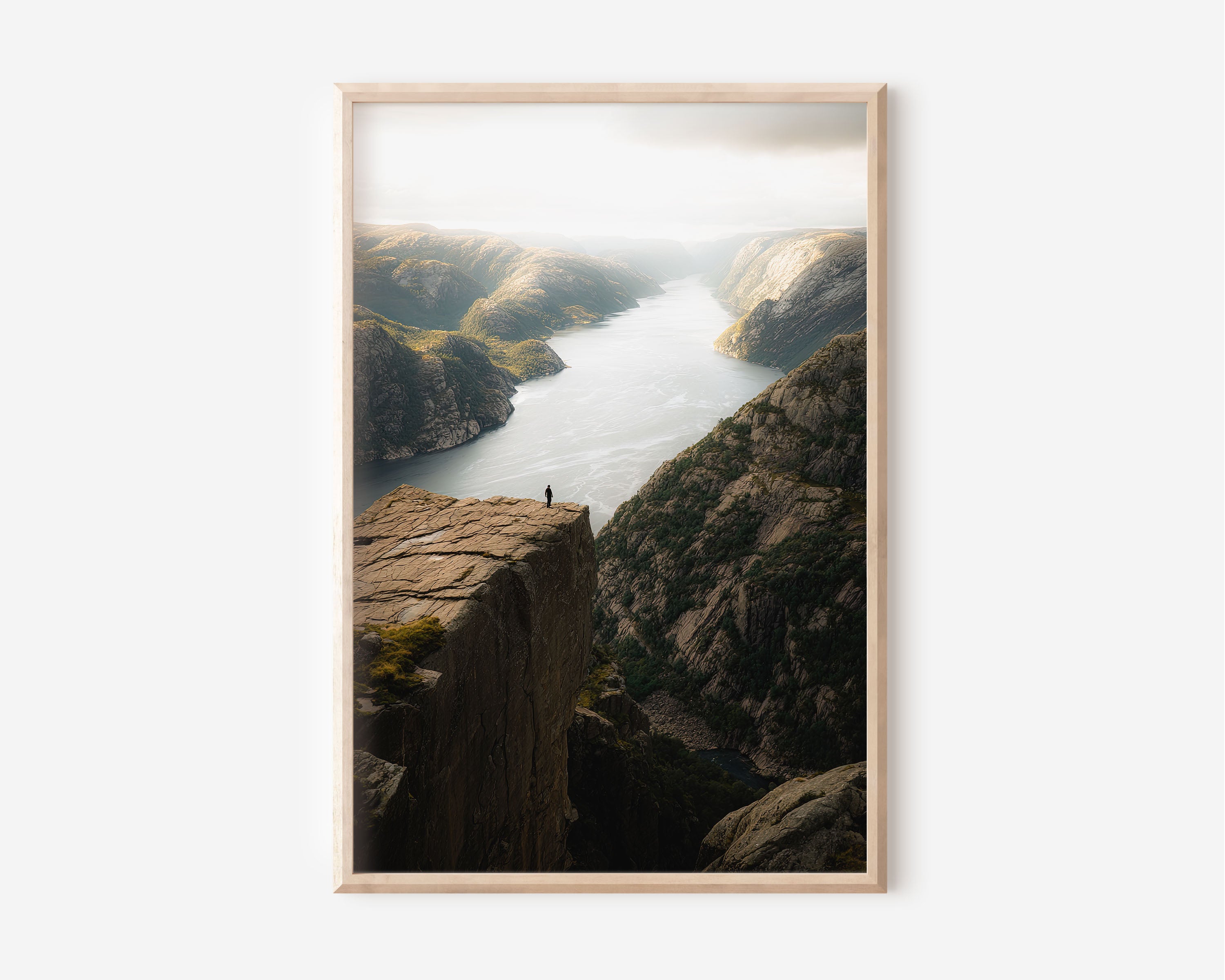 Preikestolen Pulpit Rock Lone Figure Lysefjord Wall Art Print | Norway Cliff Photography | Scandinavian Adventure Home Decor