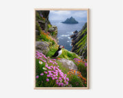 Puffin Coastal Wall Art Print – Ireland Cliff Flowers Canvas, Atlantic Ocean Landscape, Wildlife Nature Decor