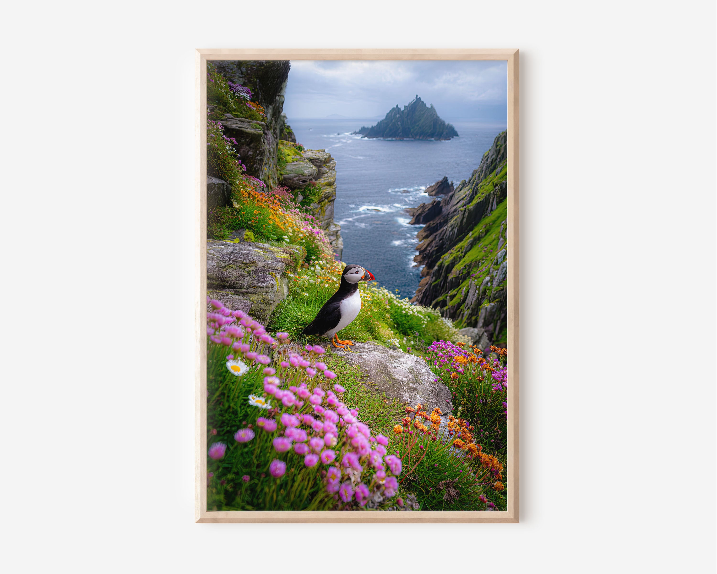 Puffin Coastal Wall Art Print – Ireland Cliff Flowers Canvas, Atlantic Ocean Landscape, Wildlife Nature Decor