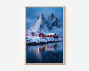 Red Cabins Beneath Snow-Peaked Mountains Lofoten Islands Norway Wall Art Print | Winter Arctic Photography Poster | Scandinavian Nordic Decor