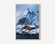 Red Cabins Lofoten Islands Winter Fjord Wall Art Print | Norway Arctic Mountain Photography Poster | Scandinavian Nordic Decor
