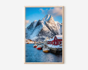 Reine Lofoten Red Fishing Village Winter Snow Mountain Wall Art Print | Norway Arctic Photography | Scandinavian Home Decor
