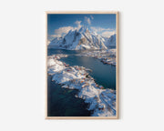 Reine Lofoten Islands Aerial Wall Art Print | Norway Winter Snow Photography | Arctic Fishing Village Mountain Poster