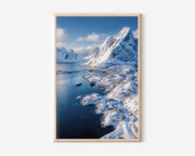 Reine Lofoten Islands Winter Fjord Wall Art Print | Norway Arctic Village Photography | Snow Mountain Coastal Poster