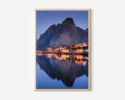 Reine Village Blue Hour Glowing Lights Reflection Wall Art Print | Lofoten Norway Night Photography | Scandinavian Home Decor