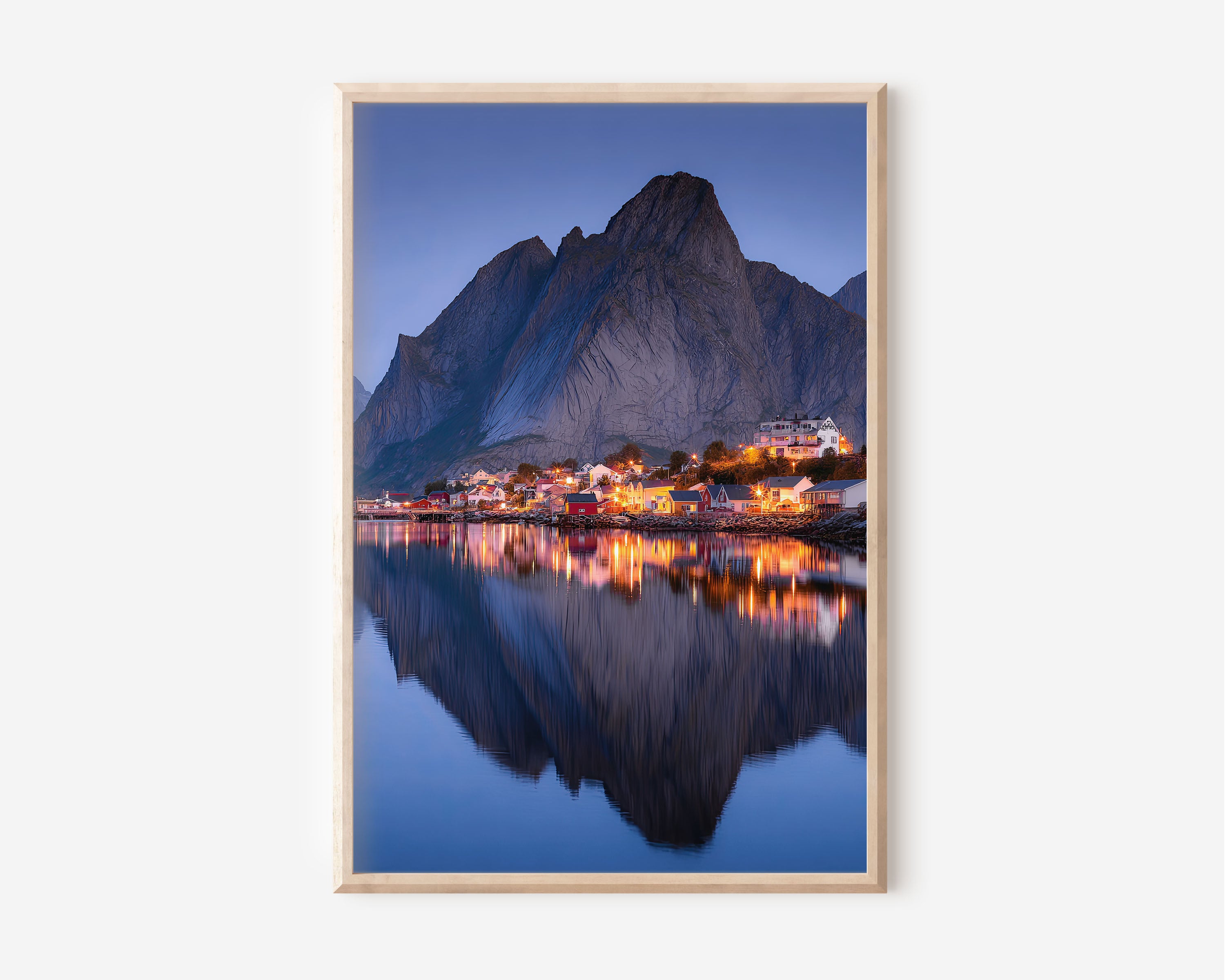 Reine Village Blue Hour Glowing Lights Reflection Wall Art Print | Lofoten Norway Night Photography | Scandinavian Home Decor