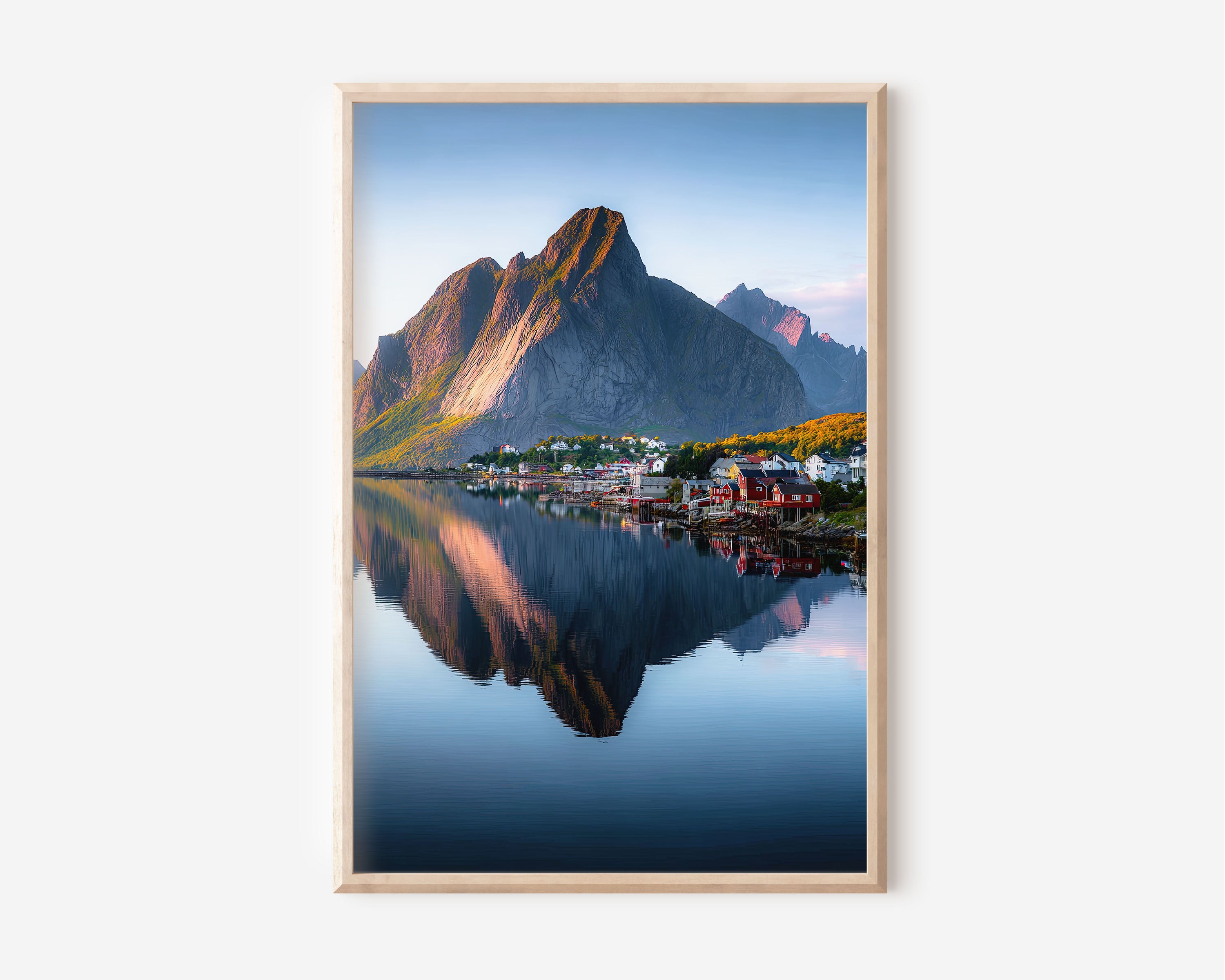 Reine Village Golden Sunrise Calm Water Reflection Wall Art Print | Lofoten Norway Autumn Photography | Scandinavian Home Decor