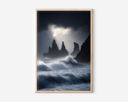 Reynisdrangar Sea Stacks Wall Art Print | Vík Iceland Storm Photography | Black Beach Basalt Rock Dramatic Seascape Poster
