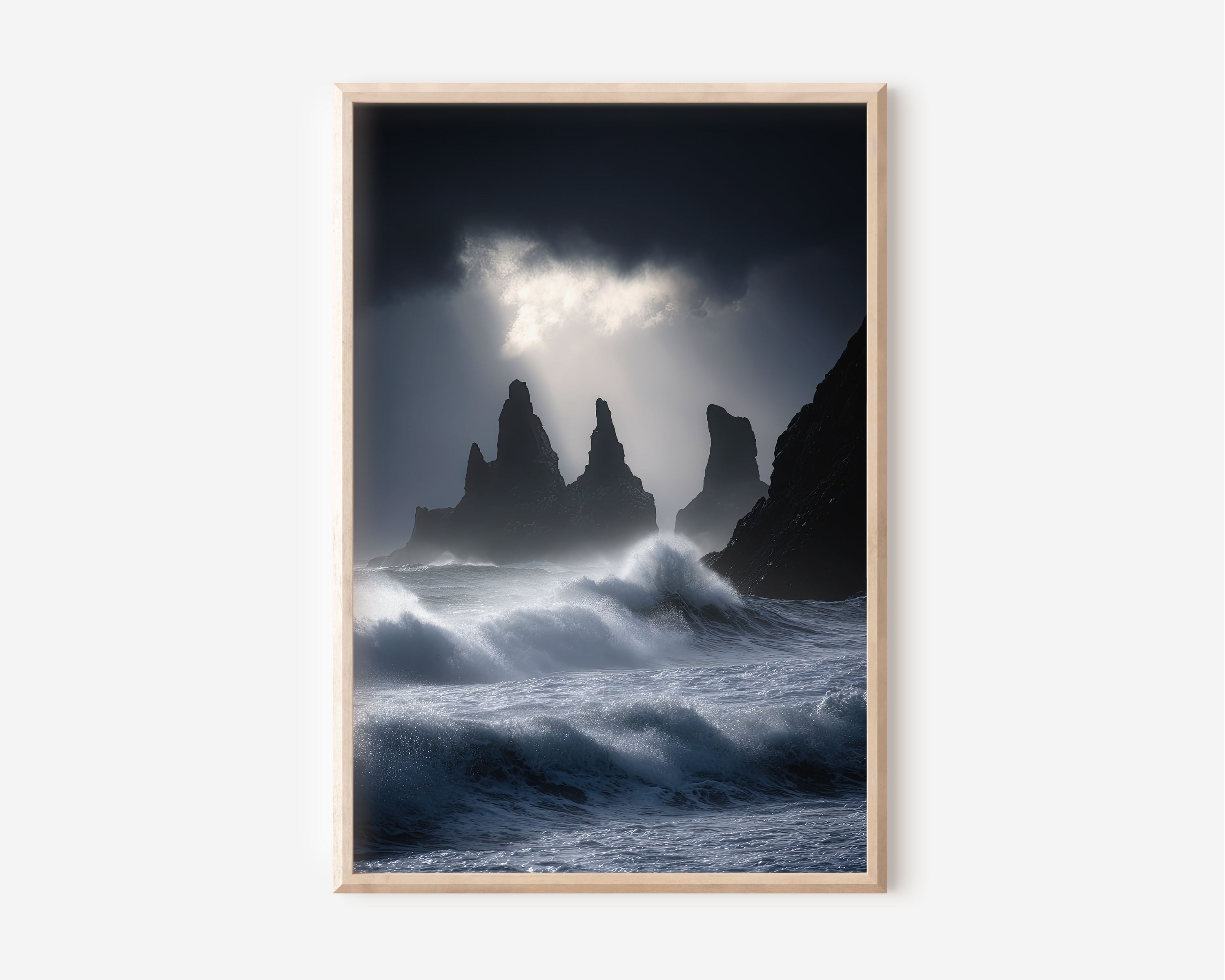 Reynisdrangar Sea Stacks Wall Art Print | Vík Iceland Storm Photography | Black Beach Basalt Rock Dramatic Seascape Poster