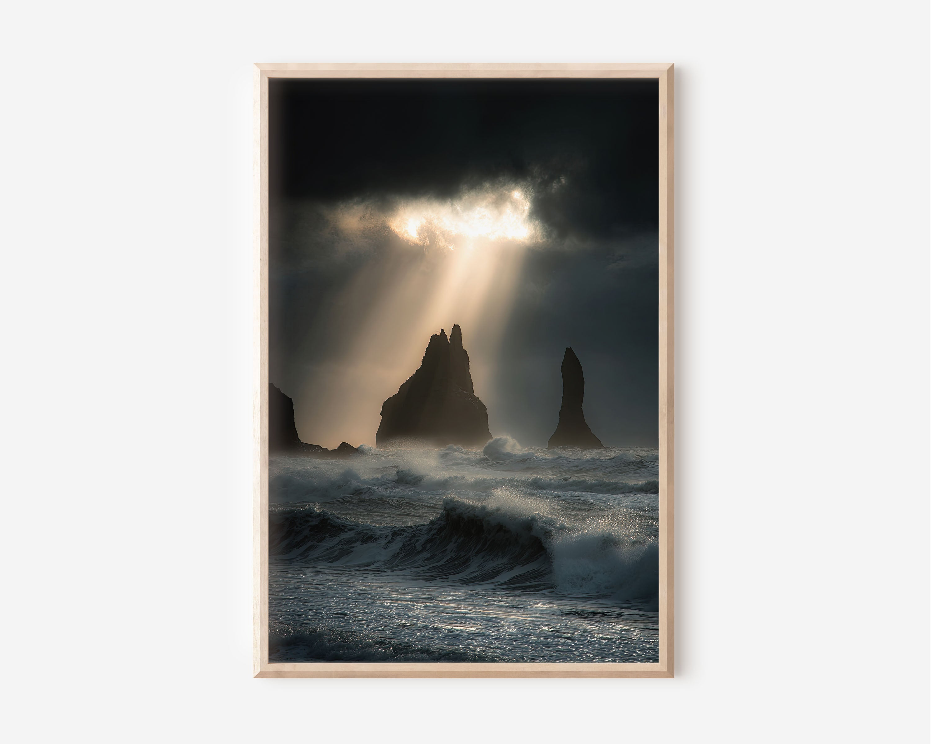 Reynisdrangar God Rays Storm Wall Art Print | Vík Iceland Sea Stack Photography | Divine Light Black Beach Seascape Poster
