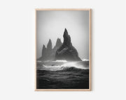 Reynisdrangar Sea Stacks Iceland Print | Black and White Coastal Wall Art | Moody Ocean Photography