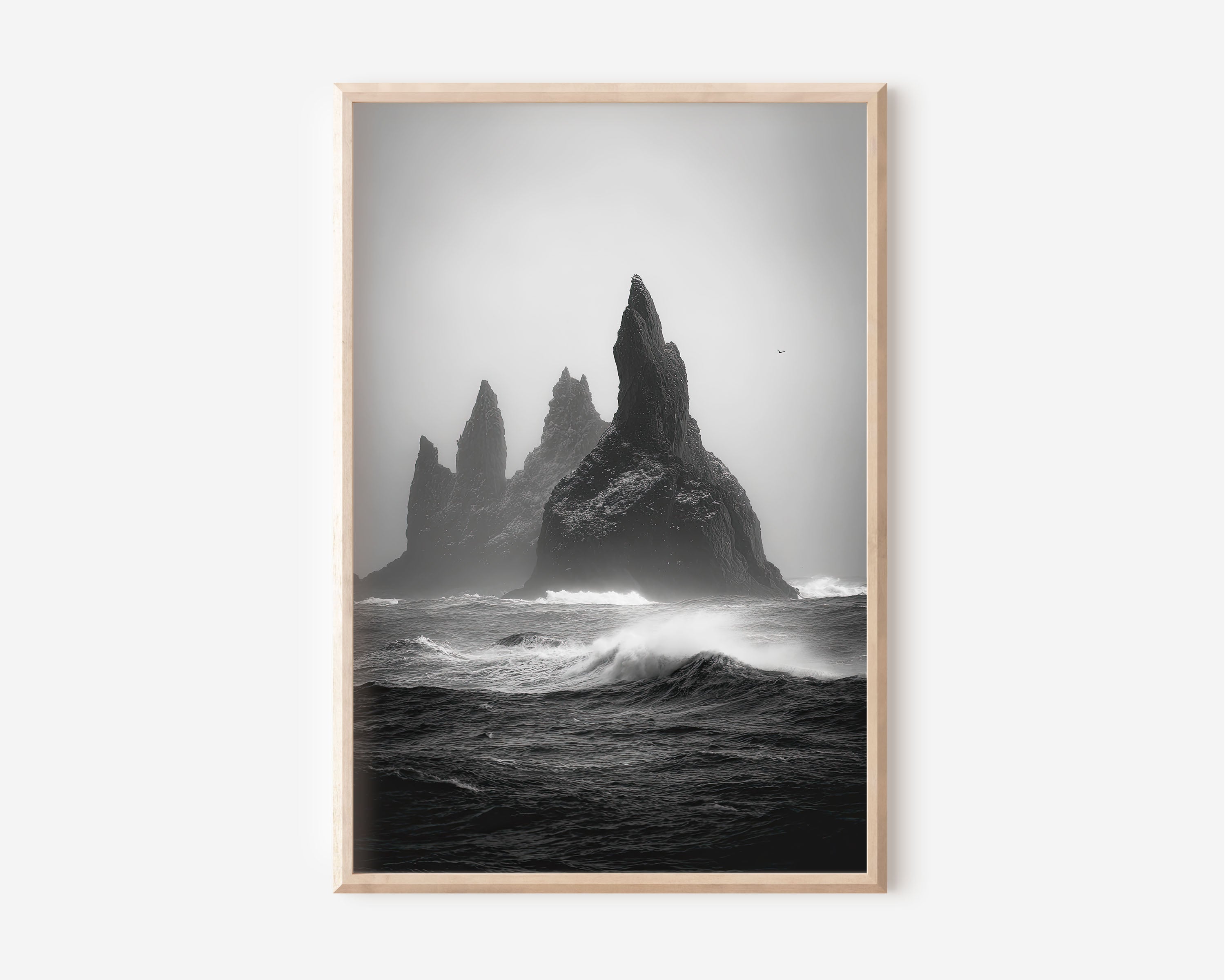 Reynisdrangar Sea Stacks Iceland Print | Black and White Coastal Wall Art | Moody Ocean Photography