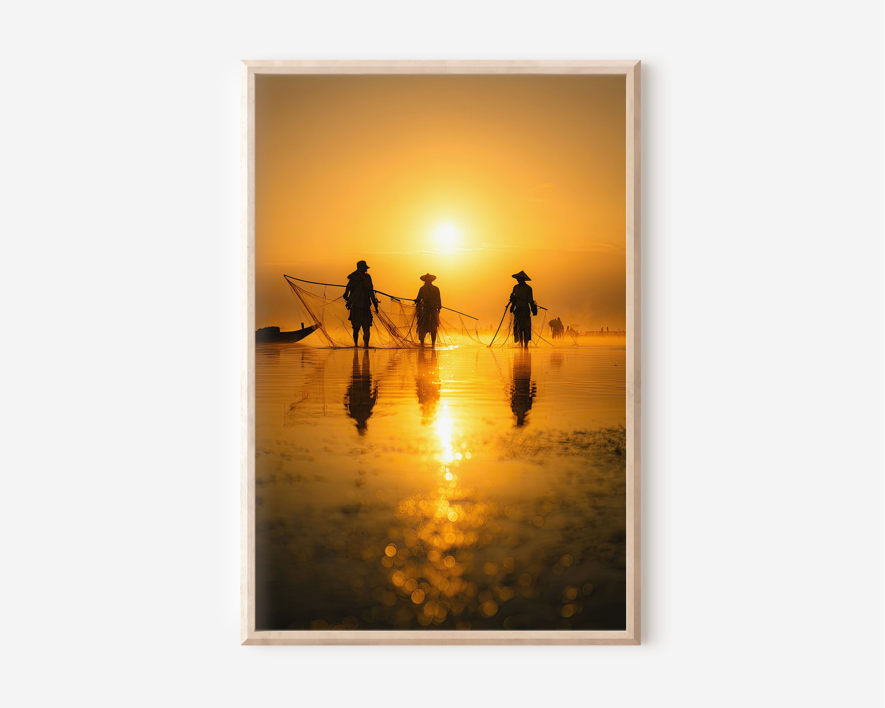 Southeast Asian Fishermen Sunset Print | Golden River Fishing Wall Art | Traditional Fishermen Silhouette Photography Poster