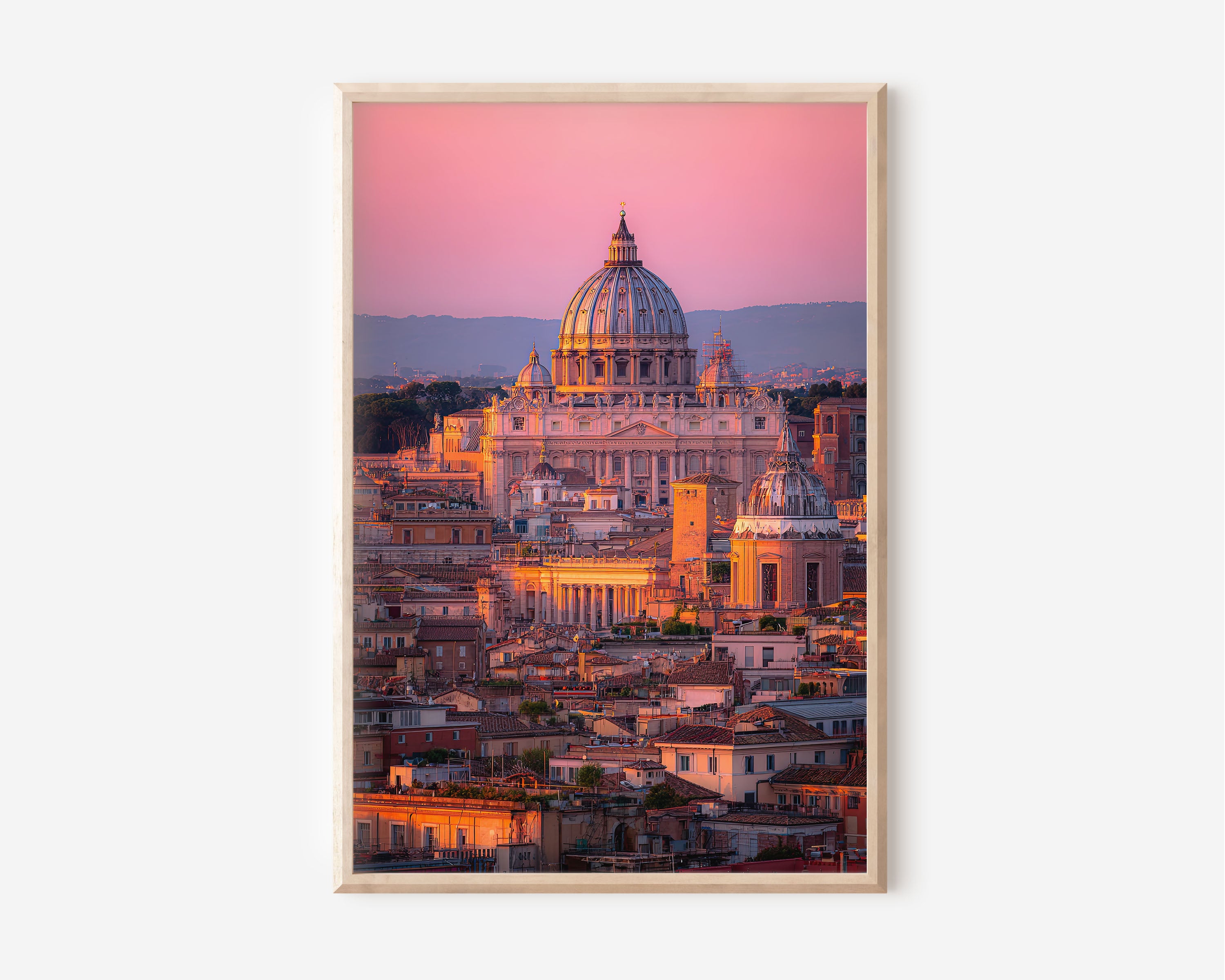 Rome St. Peter's Basilica Pink Sunset Wall Art | Vatican City Rome Rooftops Print | Travel Photography Poster