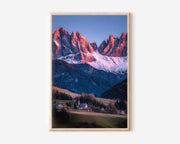 Santa Maddalena Winter Alpenglow Print | Dolomites Odle Peaks Wall Art | Val di Funes Autumn Photography