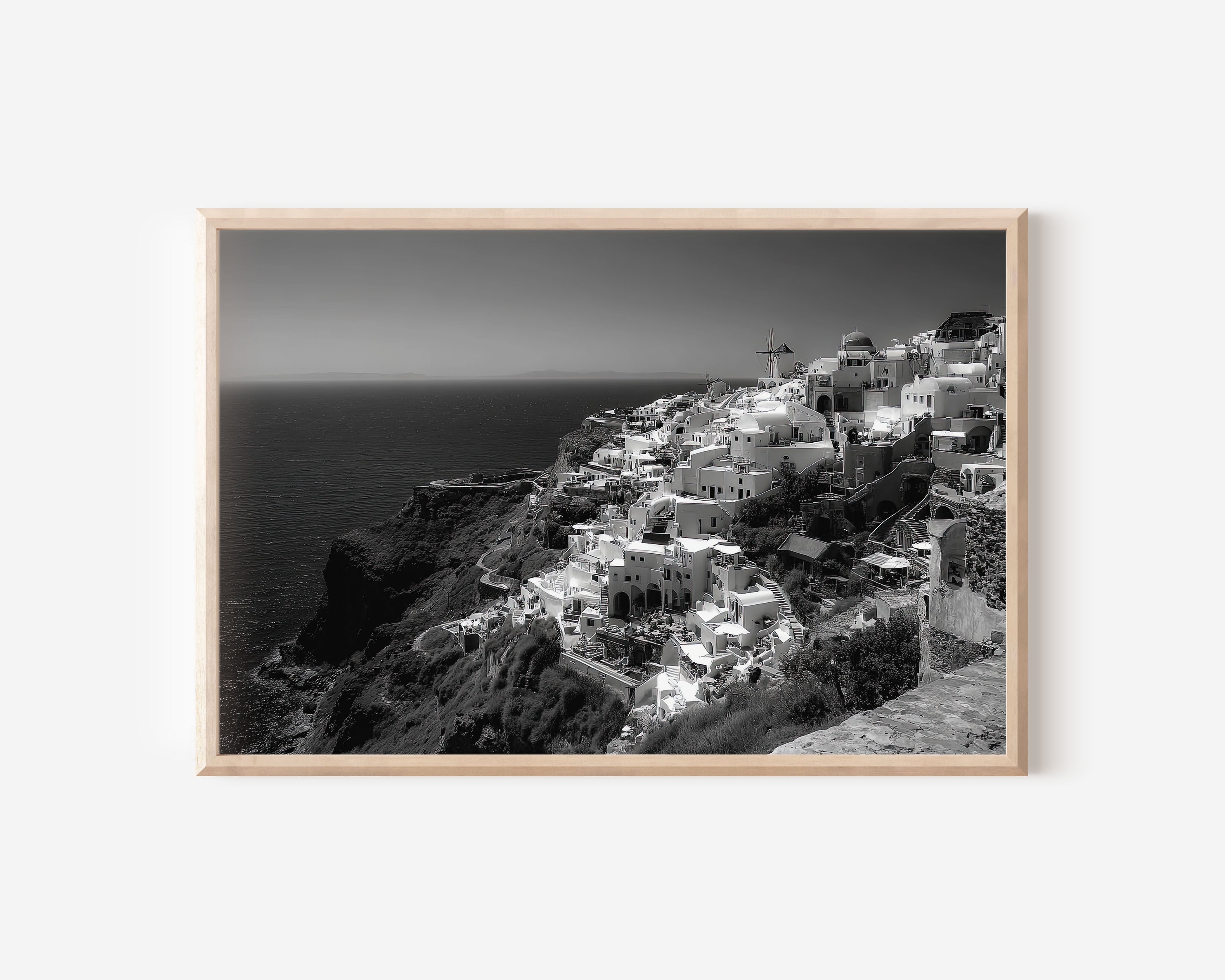 Santorini Wall Art Print – Black and White Greece Coastal Photography