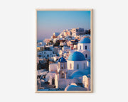 Santorini Blue Domes Wall Art Print | Oia Greece Orthodox Church Sunset Photography | Greek Islands Travel Poster | Mediterranean Home Decor