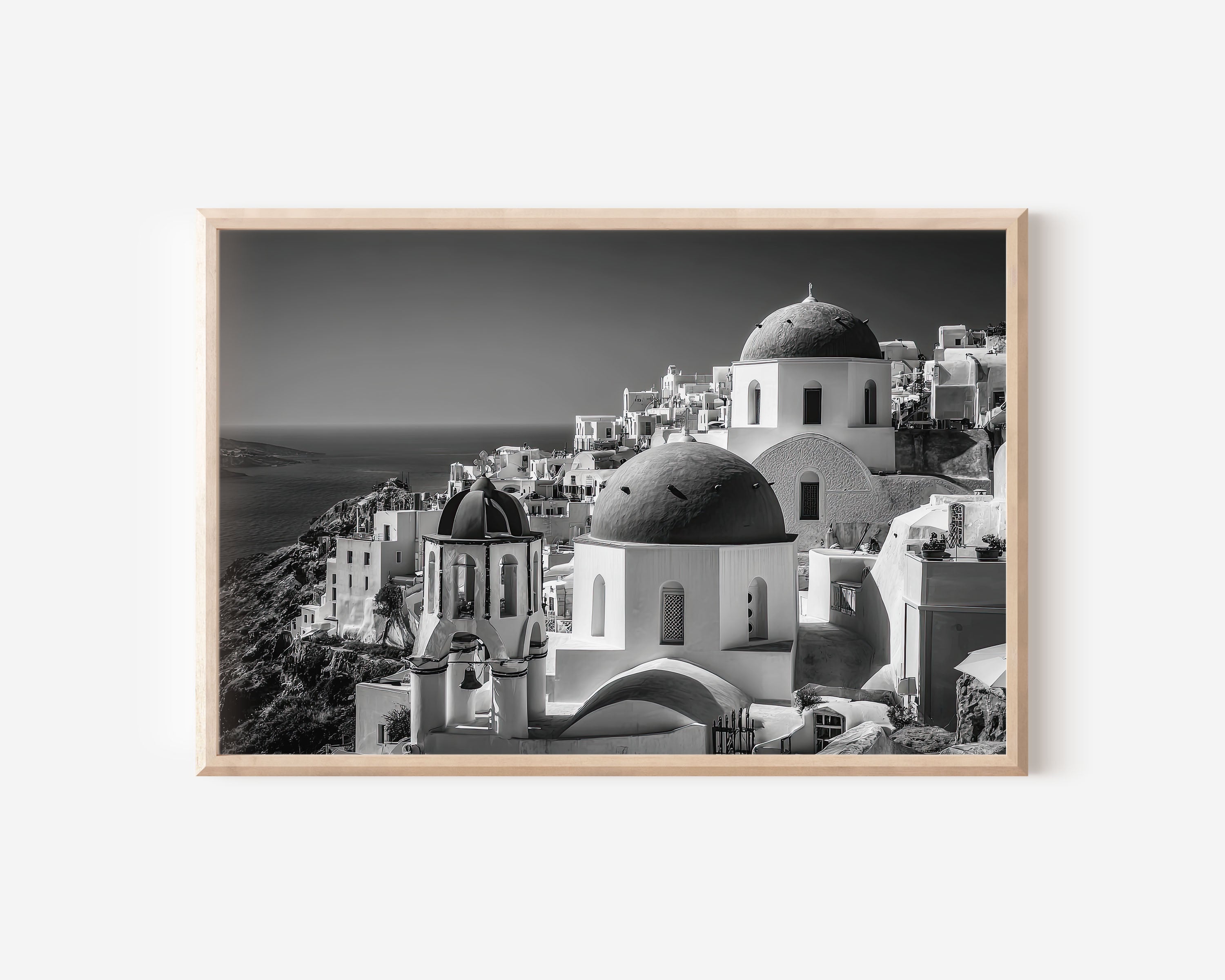 Santorini Greece Black and White Wall Art Print – Mediterranean Coastal Canvas