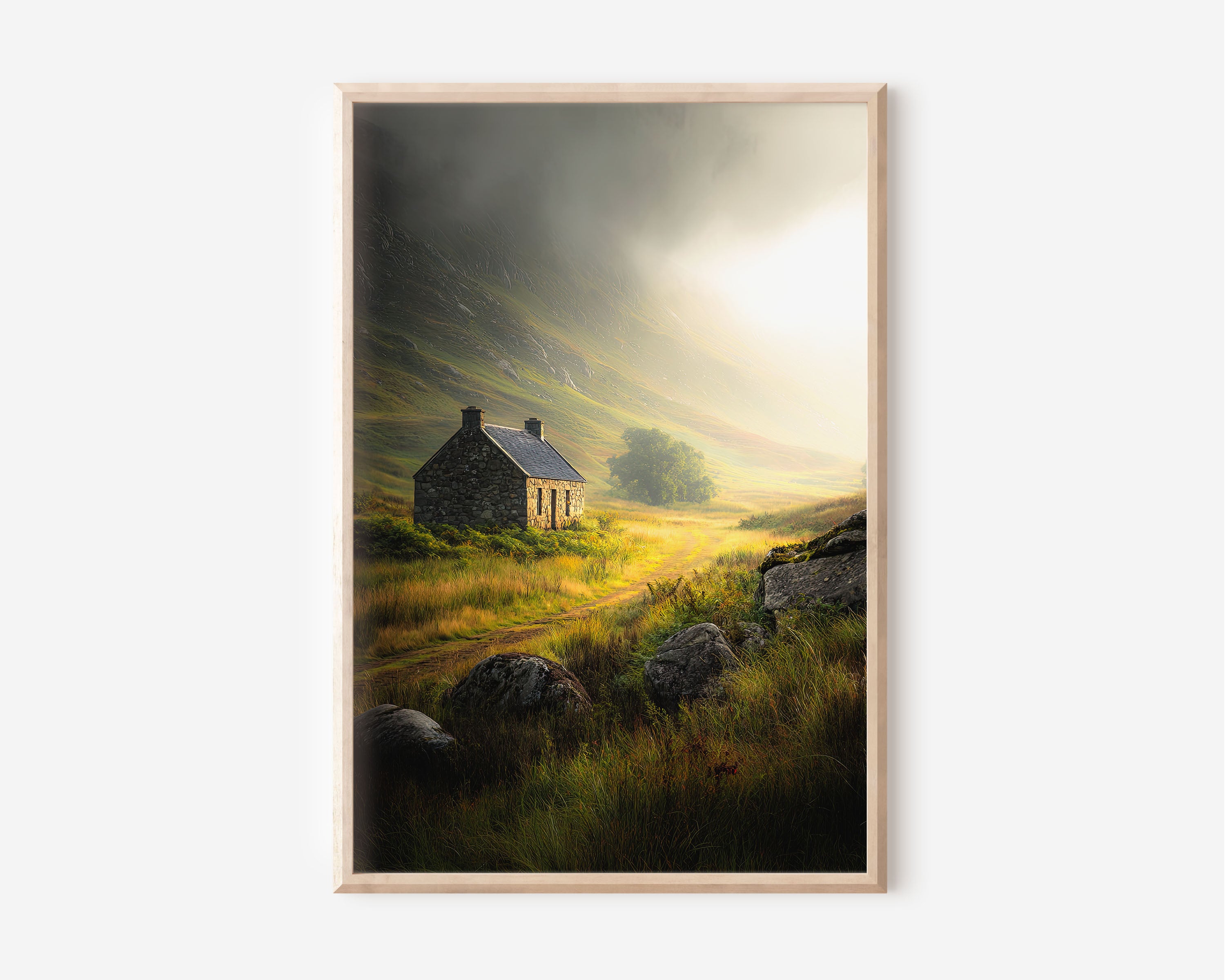 Scottish Highlands Cottage Wall Art – Misty Mountain Landscape Print