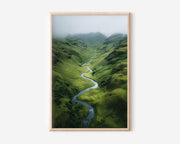 Scottish Highlands Winding River Valley Wall Art Print | Scotland Aerial Landscape Photography | Green Glen Misty Mountain Poster