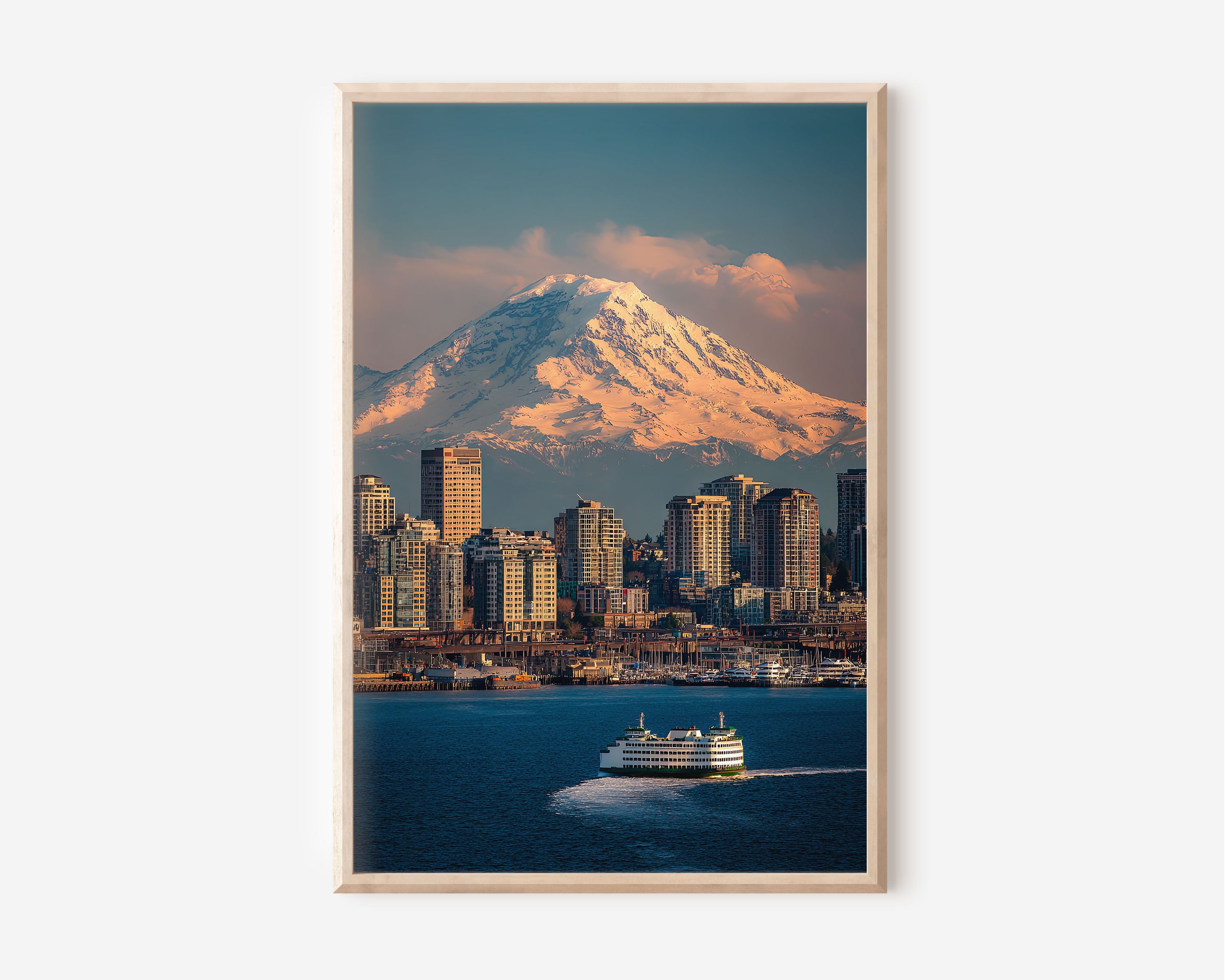 Seattle Skyline Ferry Wall Art Print | Mount Rainier Waterfront Photography | Puget Sound Washington Poster | Pacific Northwest Home Decor | City & Mountain Print