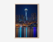 Seattle Space Needle Night Wall Art | Elliott Bay Washington Print | City Lights Photography Poster