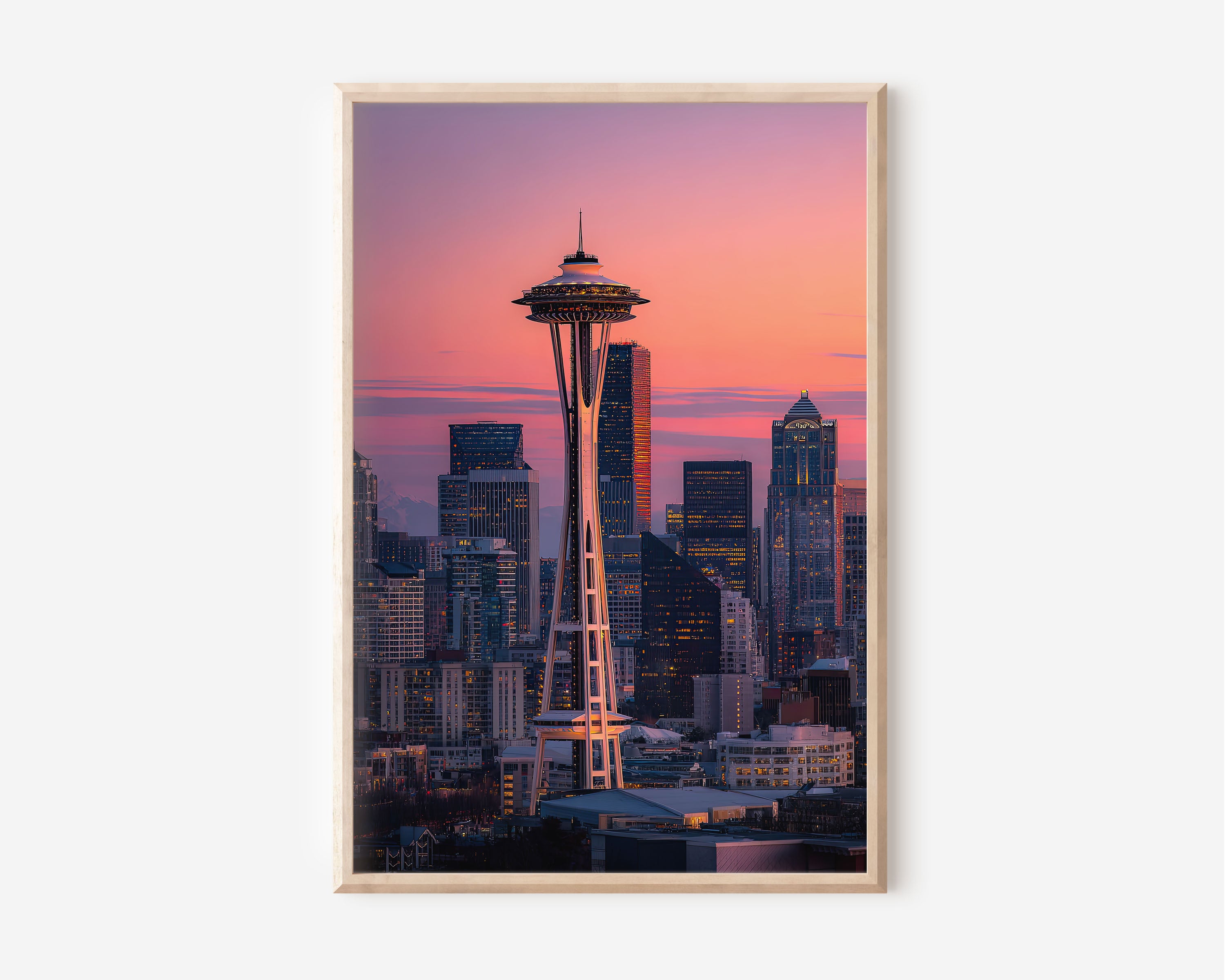 Seattle Space Needle Sunset Wall Art | Seattle Skyline Pink Sky Washington Print | Travel Photography Poster