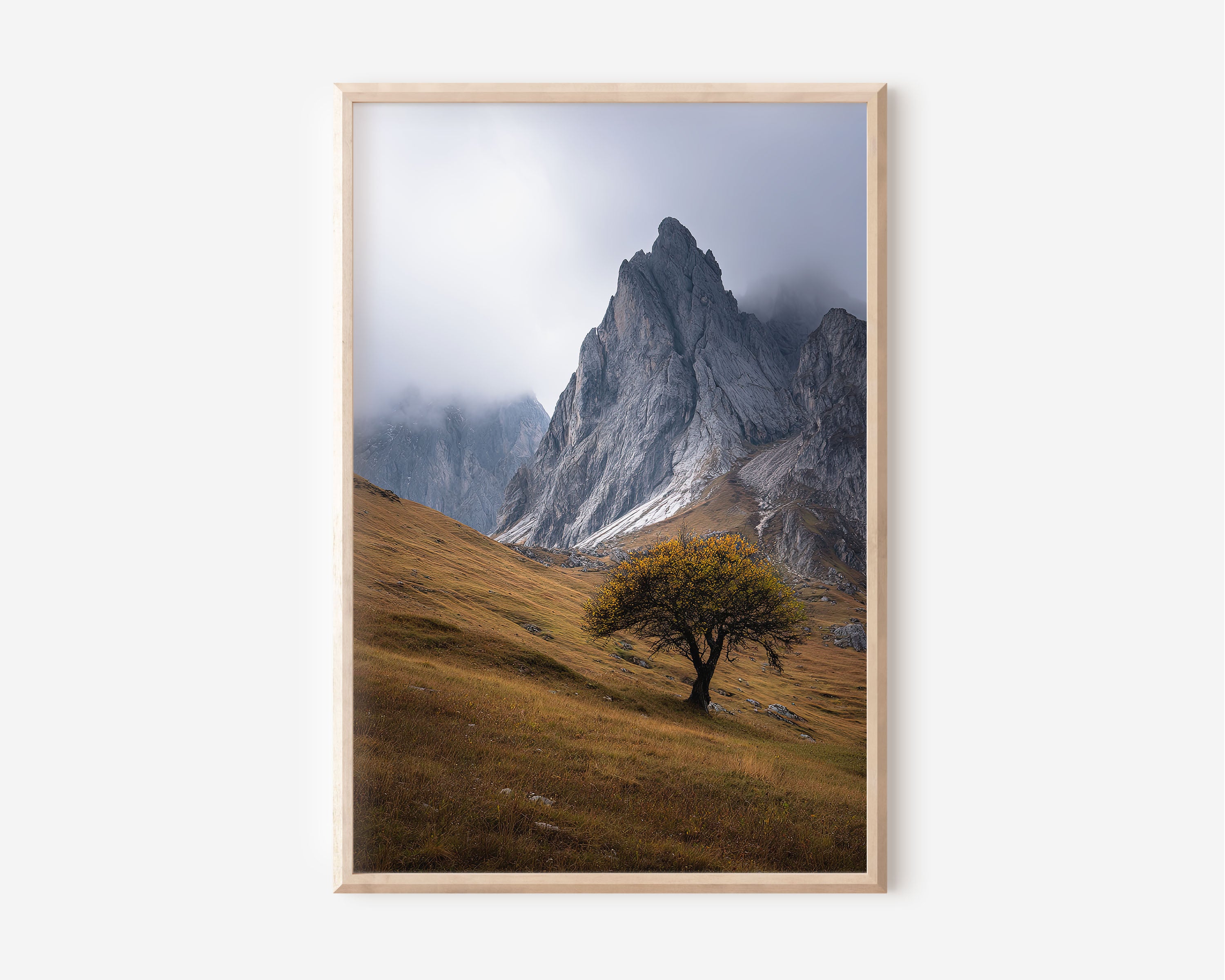 Seceda Dolomites Italy Print | Lone Autumn Tree Mountain Wall Art | Italian Alps Moody Photography