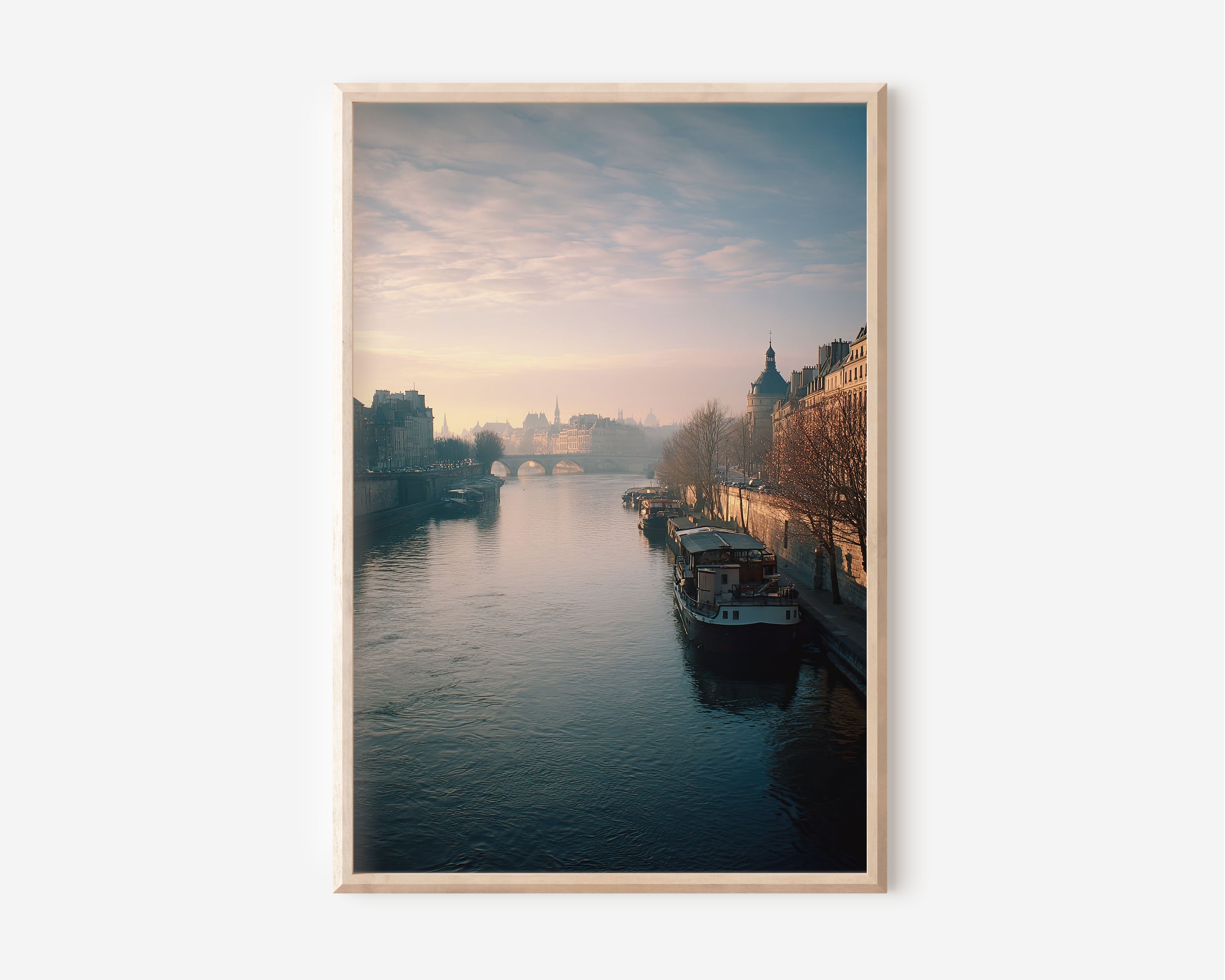 Seine River Morning Wall Art Print | Paris France Houseboat Winter Sunrise Photography | French Travel Poster | Soft Romantic Home Decor