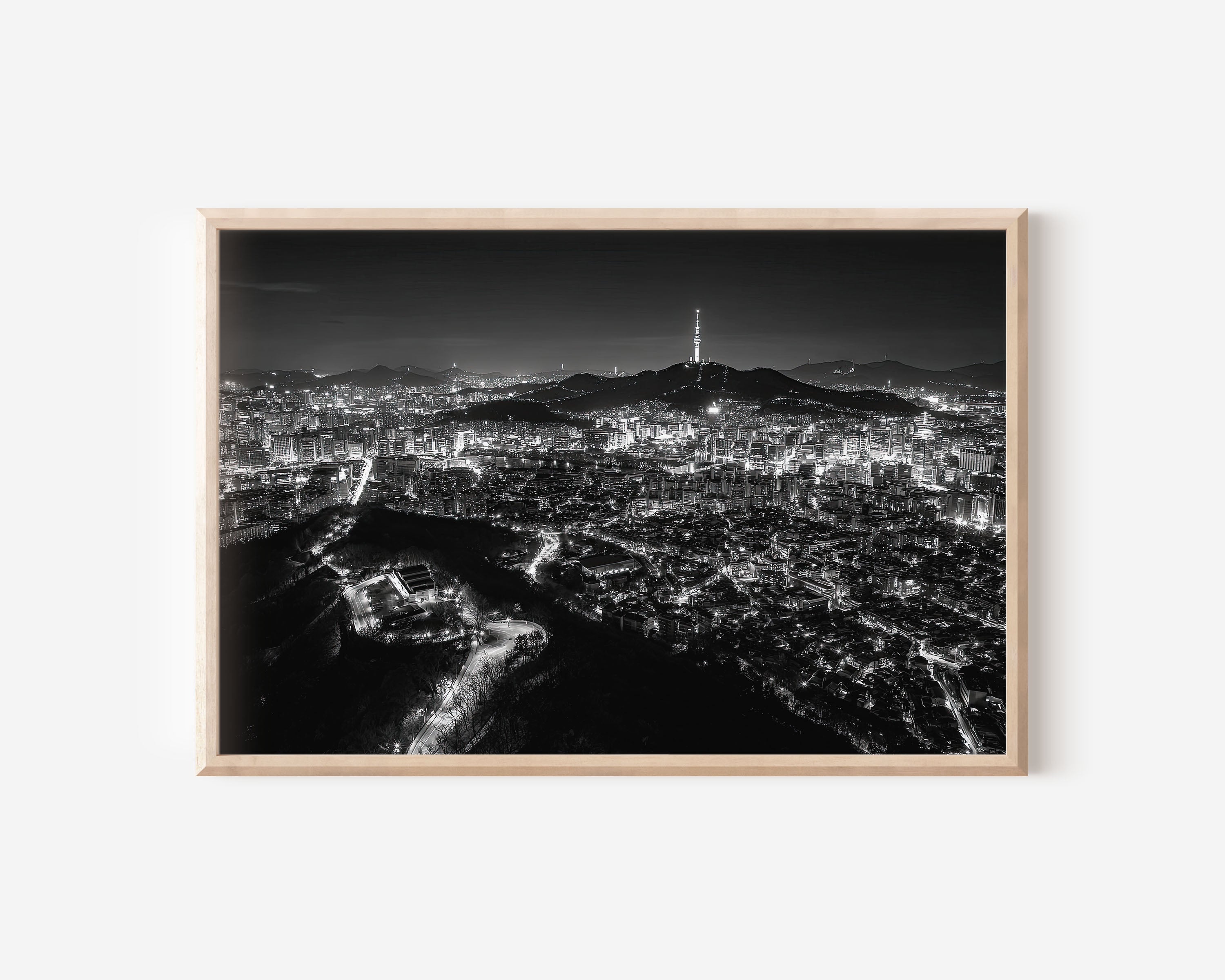 Seoul Skyline Night Black & White Wall Art