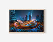 Shanghai Futuristic Skyline Wall Art Print, China Highway Light Trails