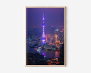 Shanghai Oriental Pearl Tower Purple Night Wall Art | Huangpu River Aerial China Print | City Lights Photography Poster