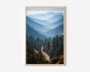Sierra Nevada Mountain Road Print | California Blue Ridge Wall Art | Misty Pine Forest Mountain Highway Landscape Photography Poster