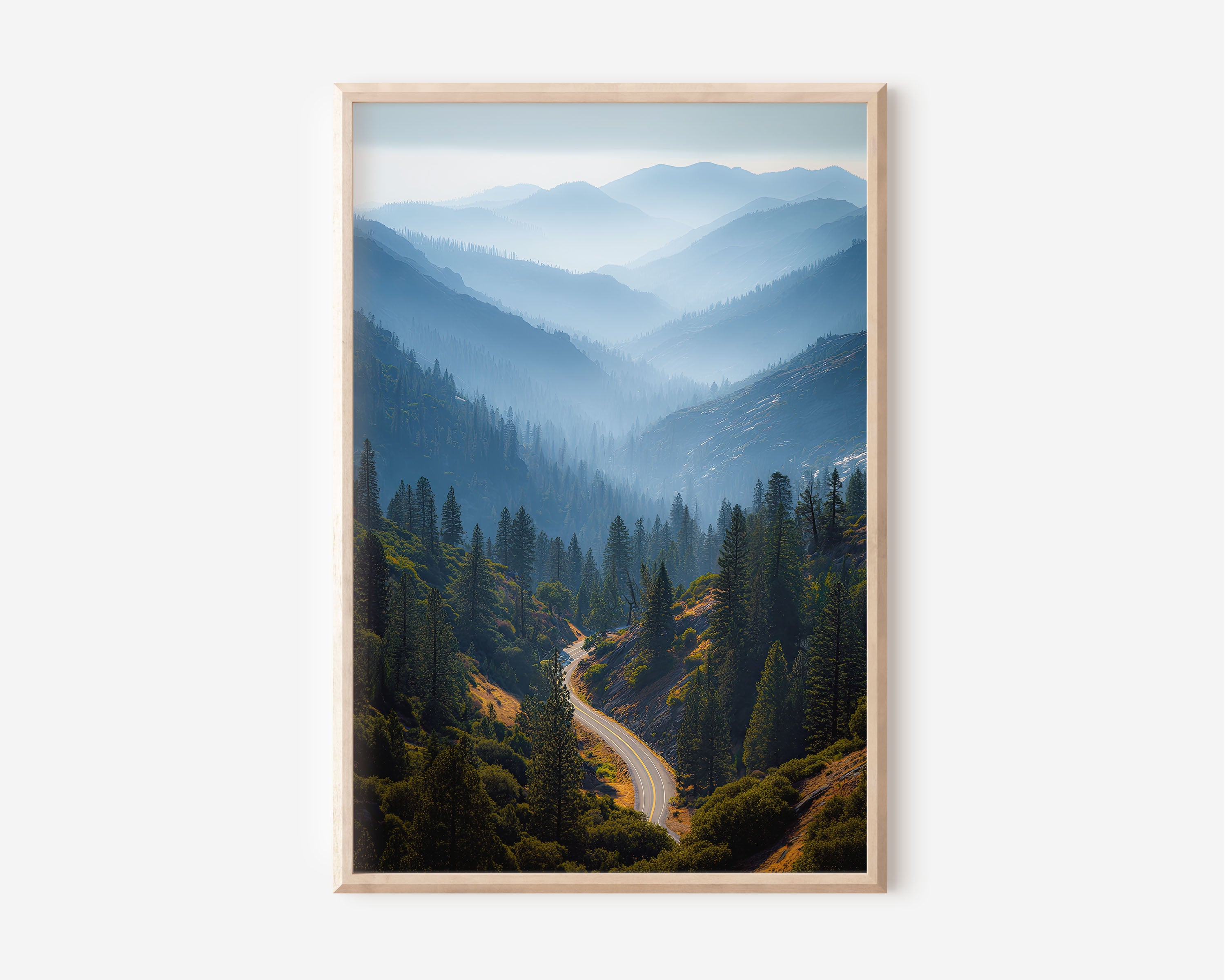 Sierra Nevada Mountain Road Print | California Blue Ridge Wall Art | Misty Pine Forest Mountain Highway Landscape Photography Poster