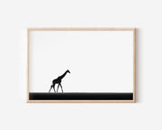 Single Giraffe Walking on Horizon | Minimalist Black & White Wildlife Fine Art Print