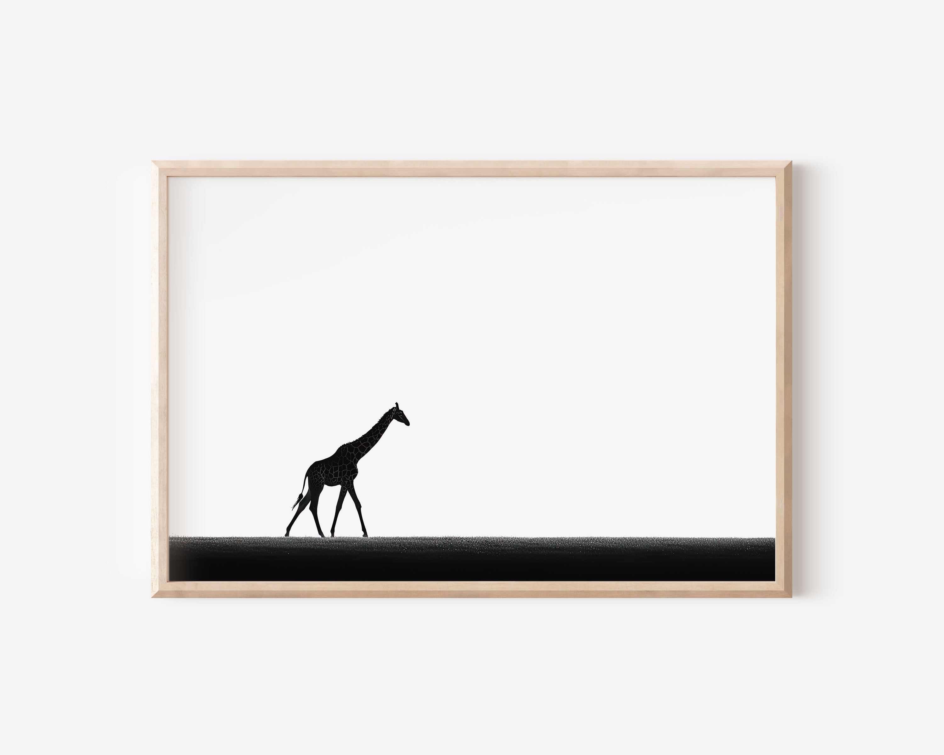 Single Giraffe Walking on Horizon | Minimalist Black & White Wildlife Fine Art Print