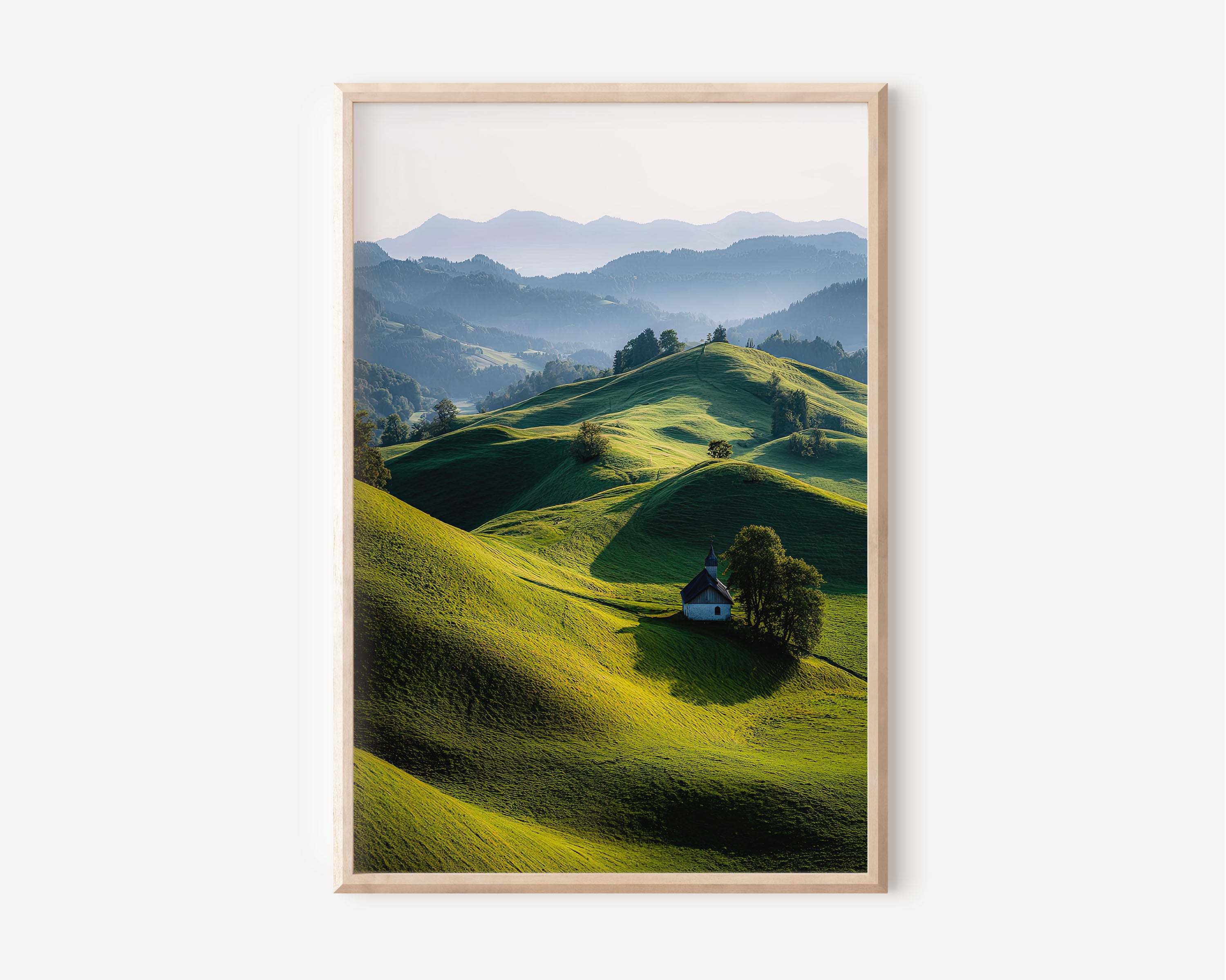 Škofja Loka Hills Slovenia Chapel Print | Slovenian Rolling Hills Wall Art | Slovenia Green Hills Morning Light Chapel Landscape Photography Poster