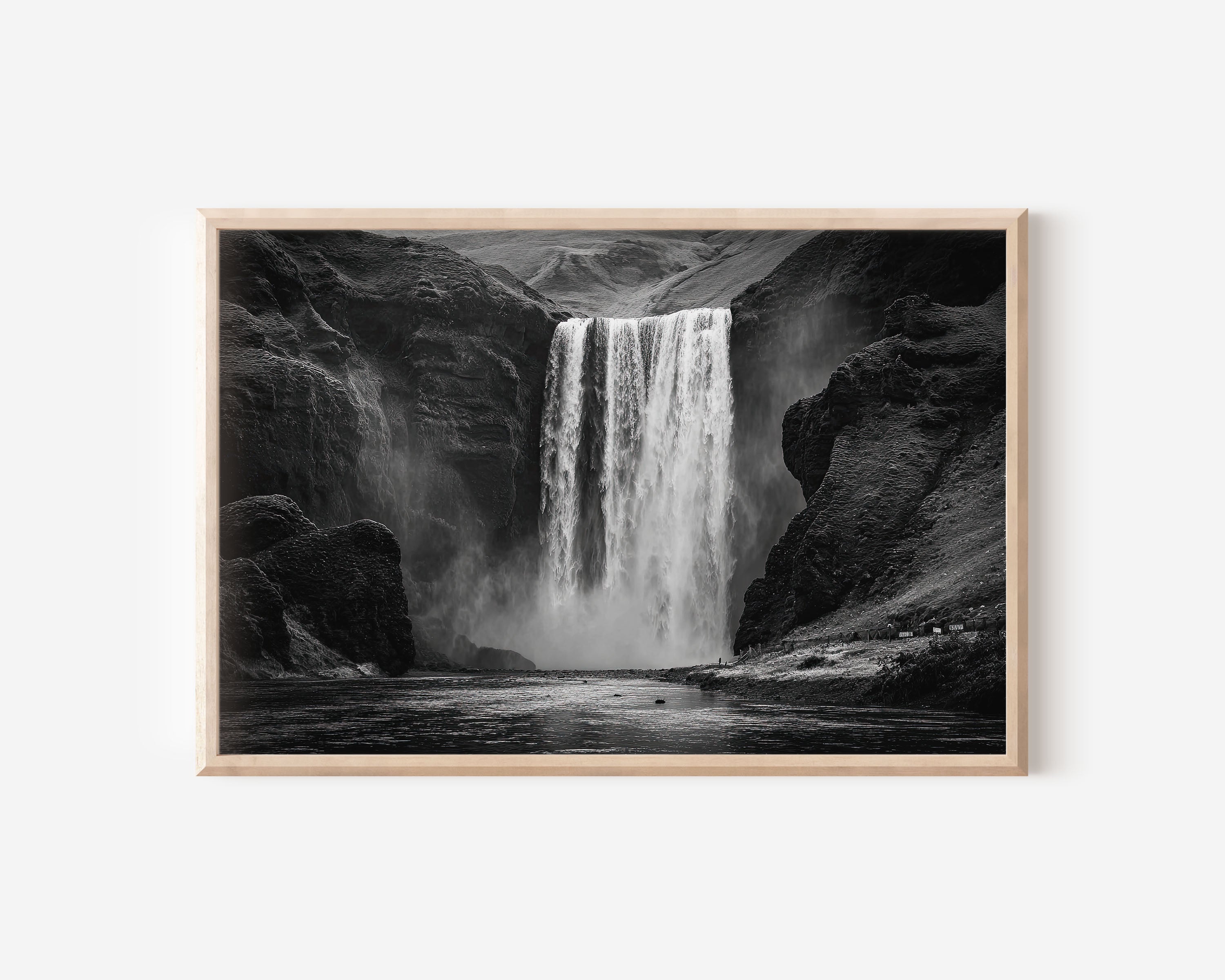 Skógafoss Waterfall Black and White Wall Art Print – Iceland Landscape Canvas