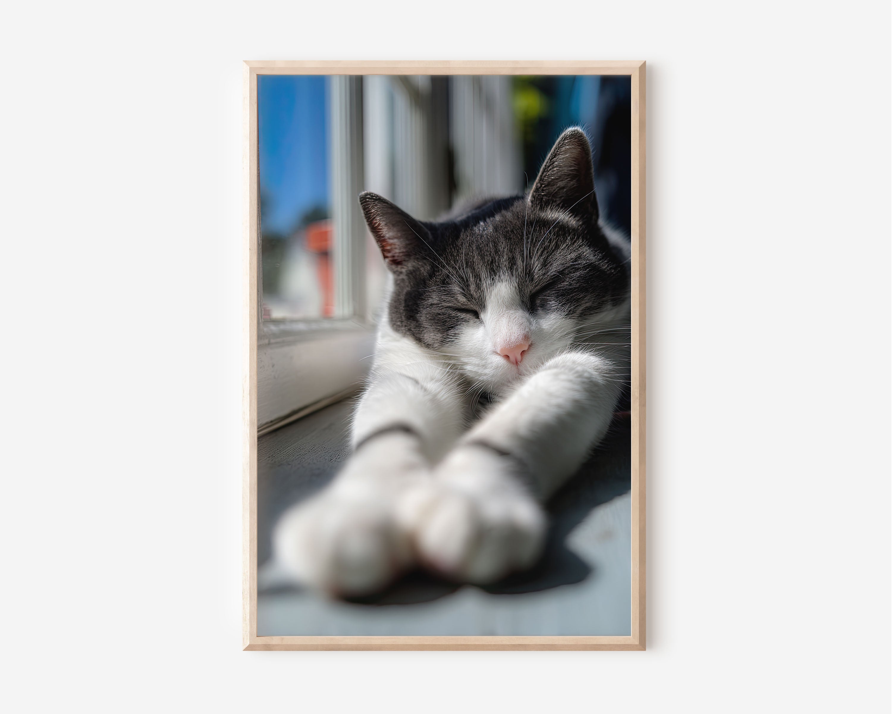 Sleeping Cat Sunbathing Wall Art | Cozy Grey & White Tabby Window Print | Cute Pet Photography Poster