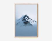 Snow-Capped Mountain Peak Print | Minimalist Alpine Mist Wall Art | Blue Mountain Photography