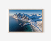 Snowy Lofoten Mountains Wall Art – Norway Arctic Coastal Landscape Print