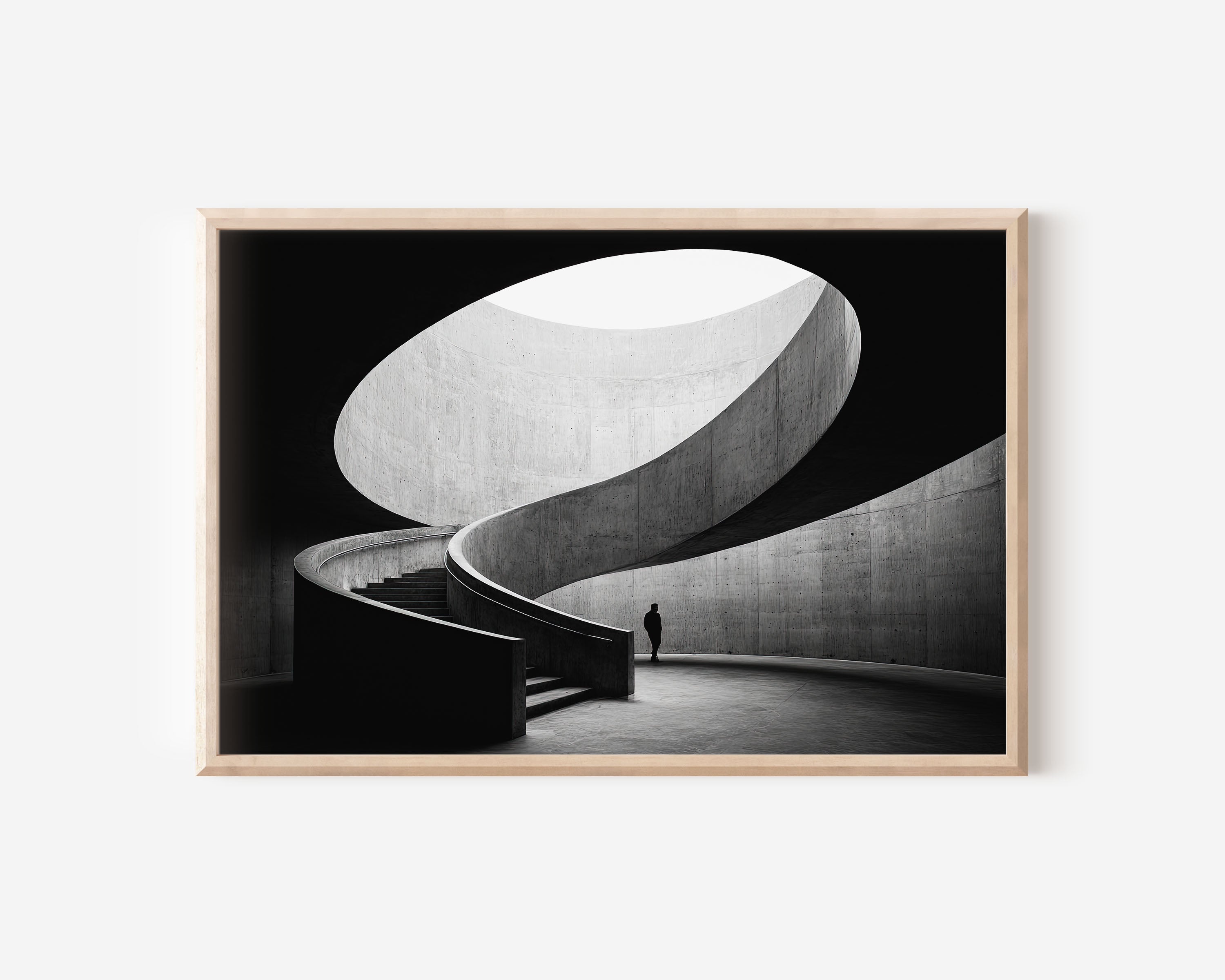 Spiral Concrete Staircase Skylight Print | Black and White Architecture Wall Art | Brutalist Interior Photography
