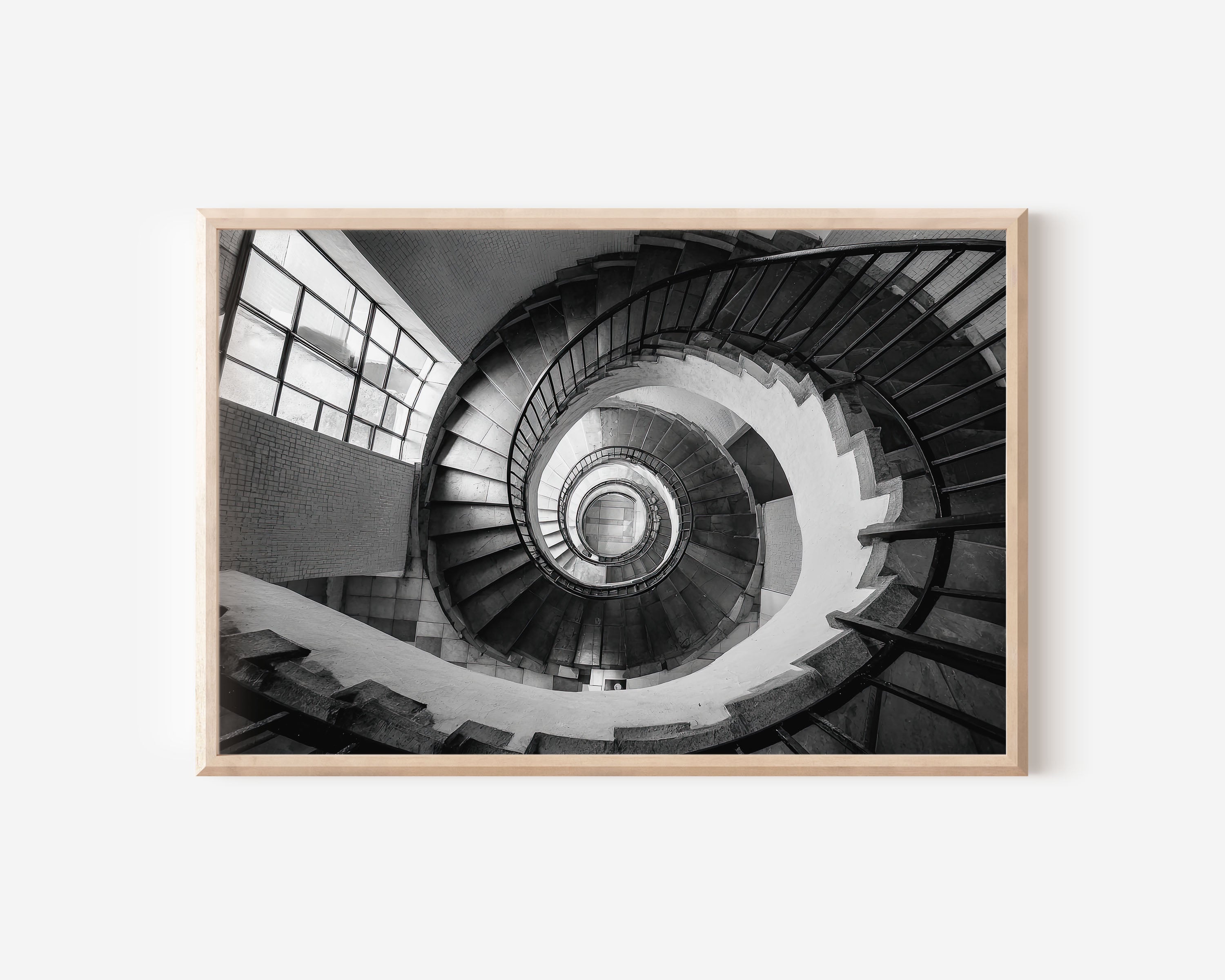 Spiral Staircase Looking Down Print | Black and White Architecture Wall Art | Vertigo Stairwell Photography